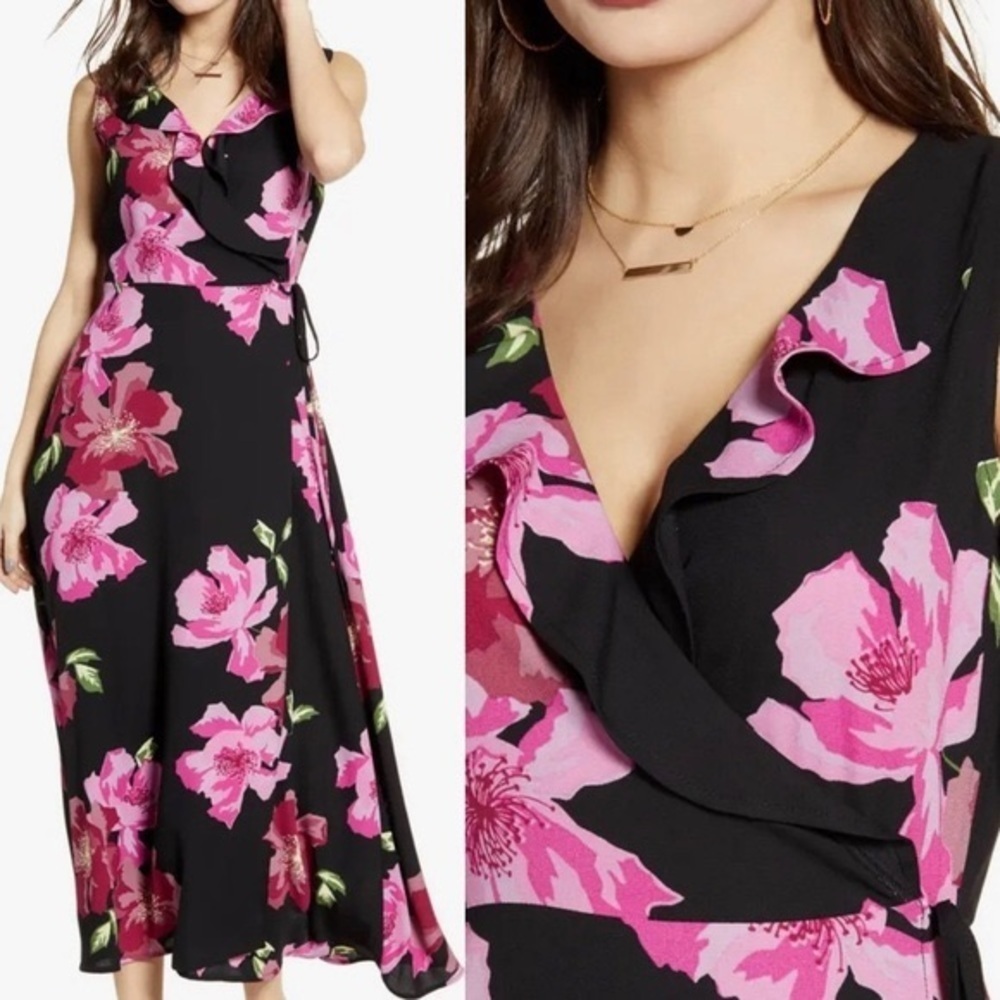 Leith black pink floral flower Ruffle Detail Sleeveless V-neck wrap Dress Sz S